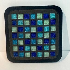 DIY Mosaic Tile Coaster Making Kit - Black Coaster with blue tiles.